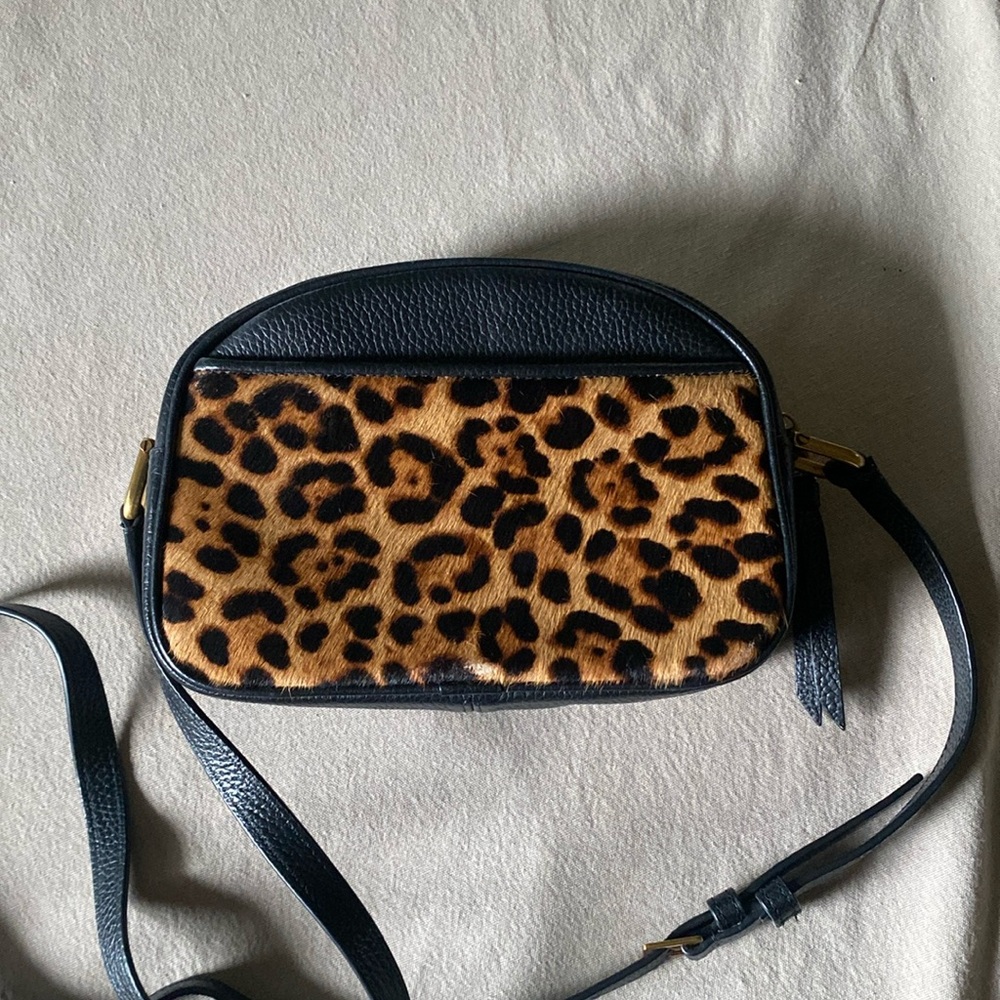 J. Crew Devon camera bag in leather with leopard calf hair